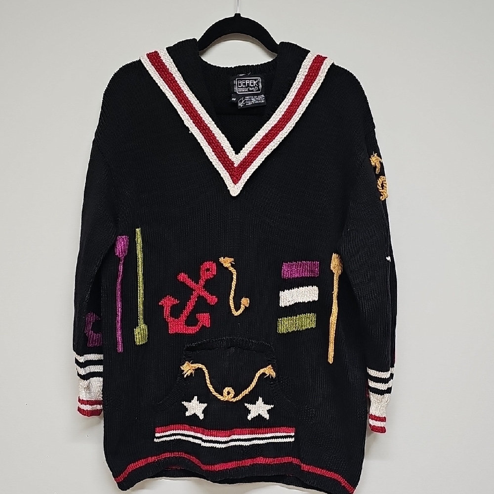 Berek Black Sweater with Red, Gold, and White Nautical Accents